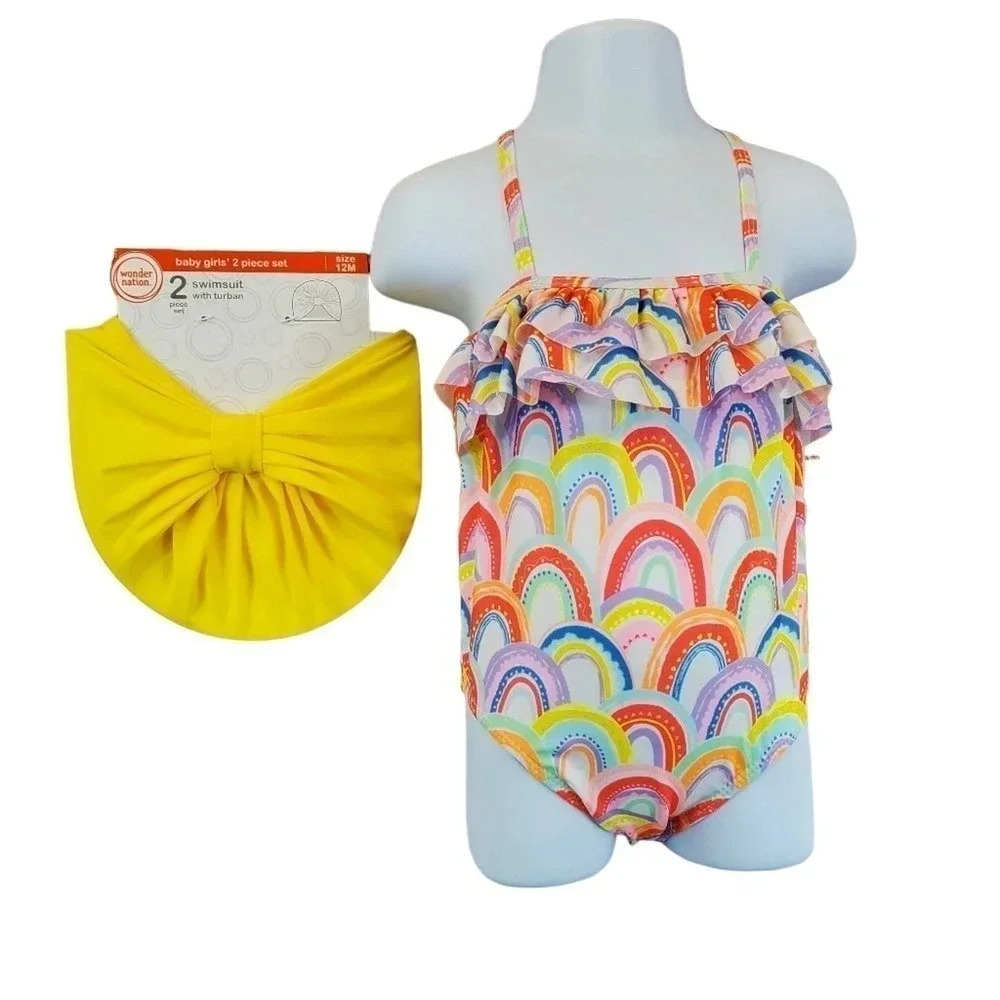 12m Baby Girls Rainbow One Piece Swimsuit with Matching Hair Turban Swimwear